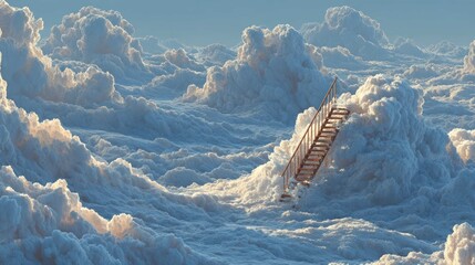 A vast cloudscape, with a ladder ascending to a single, solid, floating platform high above the clouds, cloud computing and cloud infrastructure strategy 