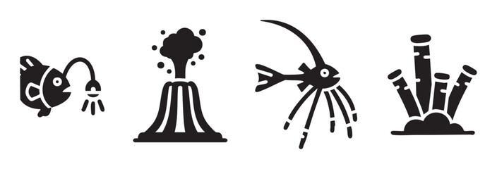 Naklejka premium Deep sea creatures and geological features are depicted in a collection of simple black silhouette icons representing marine life and underwater environments.