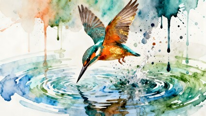 The Fluid Hunter &ndash; Vibrant Watercolor Kingfisher Illustration
