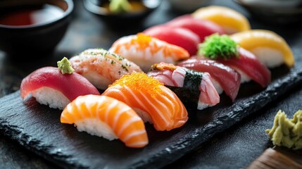 A vibrant platter of assorted sushi and sashimi--tuna, salmon, and yellowtail--artfully arranged with wasabi and ginger, on a black stone plate, fresh and elegant, 