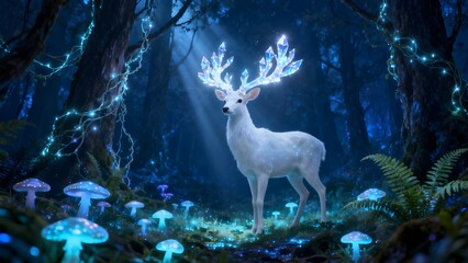 Bioluminescent Forest Spirit White Stag with Glowing Crystal Antlers