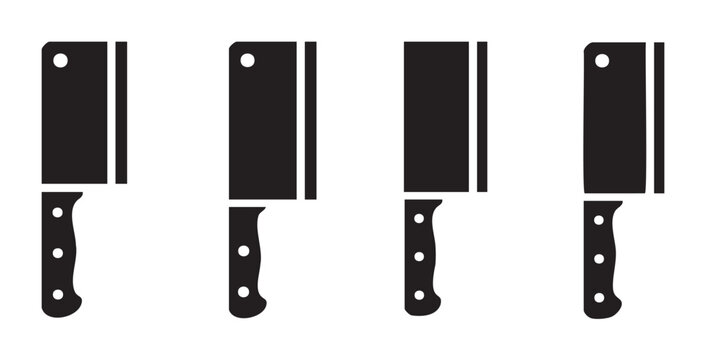Four black meat cleavers are displayed in a row, showcasing essential kitchen tools for professional chefs and home cooks alike, perfect for various culinary tasks.