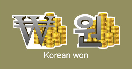Vector 3D set of economic icons. Stacks of gold coins. Currency symbols of korean won. Collection golden stickers. Korea. Isolated background