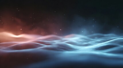 An abstract fluid landscape with glowing waves of warm and cool light shrouded in mist and particles
