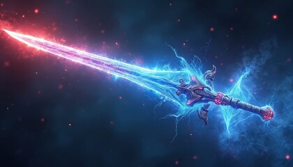 Fantasy sword radiates vibrant blue and red energy. Blade glows with power and speed. Mystical weapon crackles with electric light effects and particles. Abstract digital art for games.