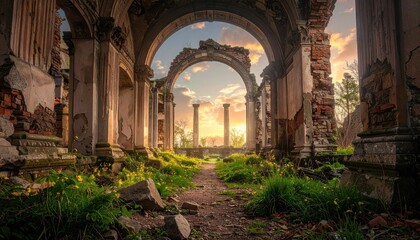 Fototapeta premium Ancient Ruins Reclaimed by Nature - A Serene and Evocative Landscape.