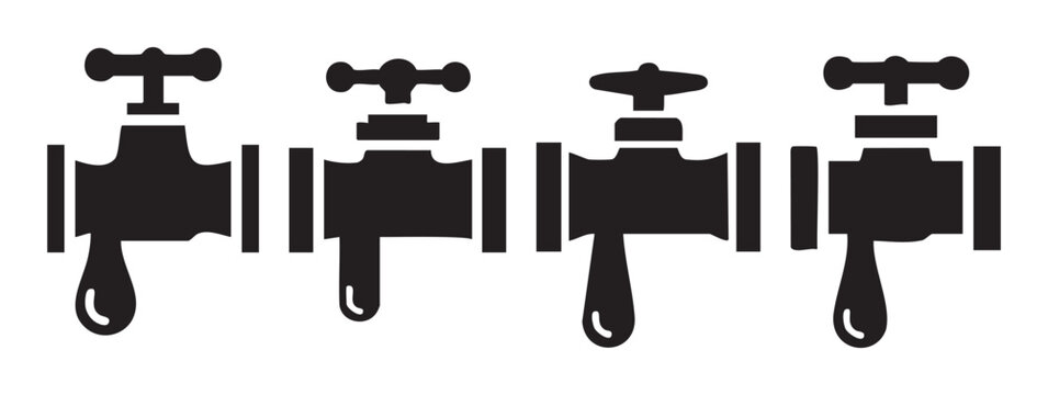 Water taps with dripping drops icon set representing plumbing, leakage, and water conservation issues in a simple vector illustration.