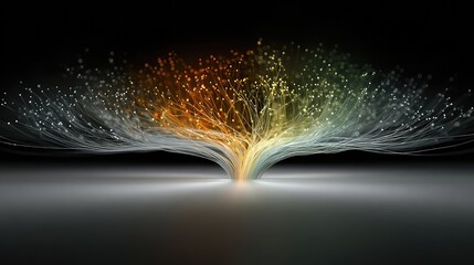 Close-up shot of optic cables, thousands of strands of light transmitting data at high speed, vibrant rainbow shallow depth of field, sharp focus, technological abstract -