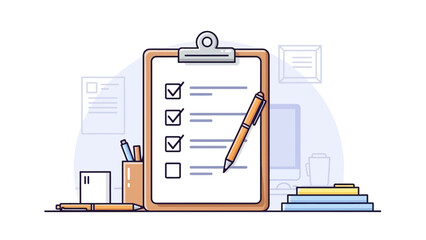 Illustrated Desk Scene With Clipboard Checklist And School Supplies.