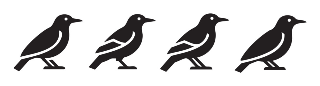 Four identical bird silhouettes with minimalist design and simple shapes are arranged in a row, representing a clean and modern animal icon set.