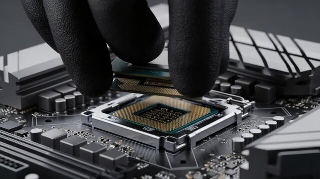 Gloved hand placing a computer processor chip onto a motherboard socket