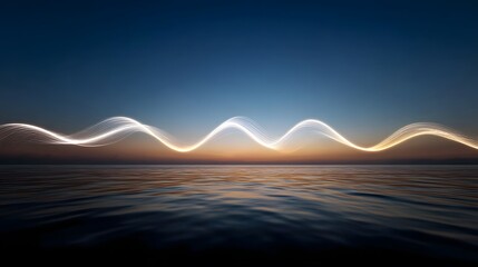 Abstract luminous energy wave crests over calm water at twilight symbolizing digital communication and data flow