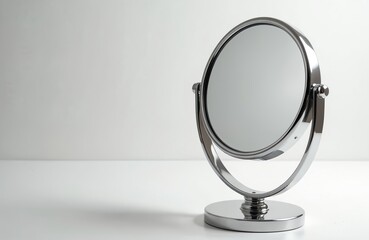 Fototapeta premium Round chrome vanity mirror with stand sits on white table. Reflective surface shows clean detail. This modern accessory suits bathroom or dresser.