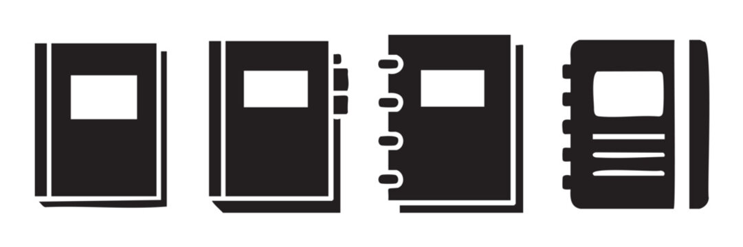 Notebooks and books vector icon set representing various styles of educational and office stationery items for school, work, or personal use.