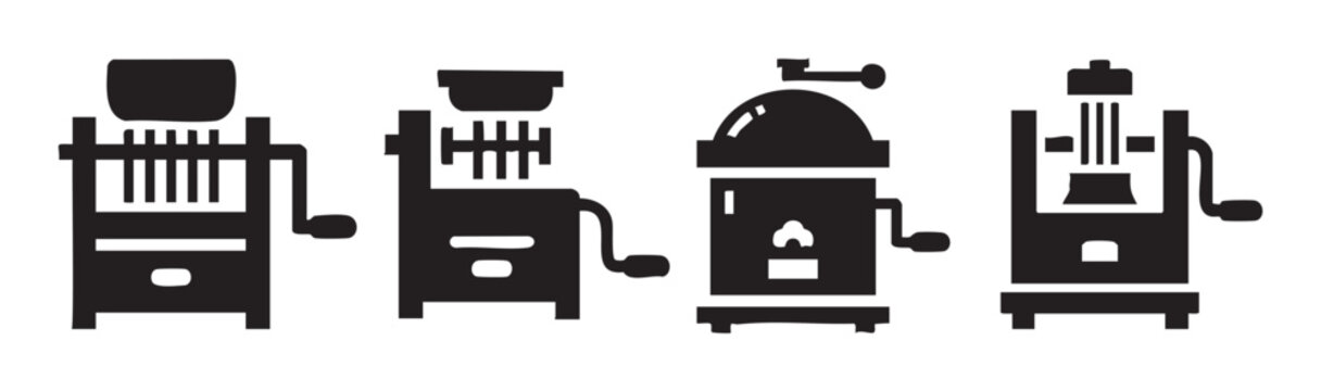 Manual grinders and food processors are depicted as a collection of black silhouette icons, showcasing different designs and functions.