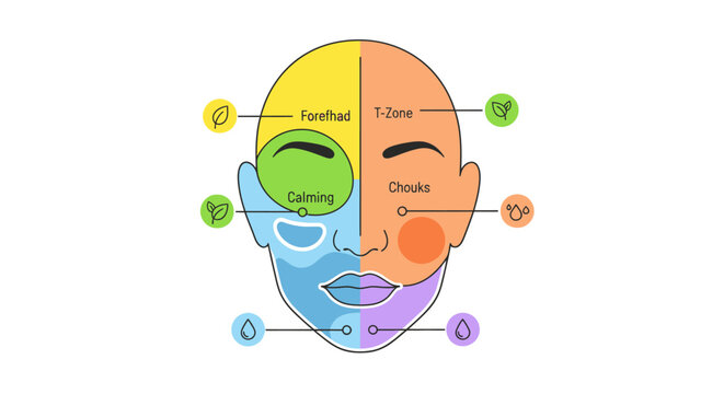Facial Zones Diagram: T-Zone, Forehead, Cheeks, Calming Areas, Skin Care