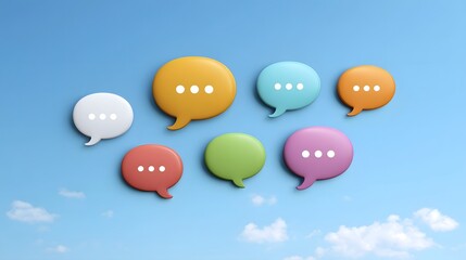 A vibrant collection of colorful speech bubbles floating against a clear blue sky with scattered clouds