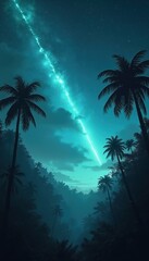 Obraz premium Palm trees silhouetted against a turquoise sky with a meteor shower streaking across. Lush jungle valley shrouded in mist below under a starry expanse.