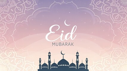 Eid Mubarak Greeting Card with Mosque and Crescent Moon, Spiritual Celebration, Islamic Festive Design, Sacred Night Scene, AI Generated