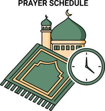 Illustration of a prayer mat, mosque, and clock for Islamic prayer schedule with green and yellow hues on a white background.