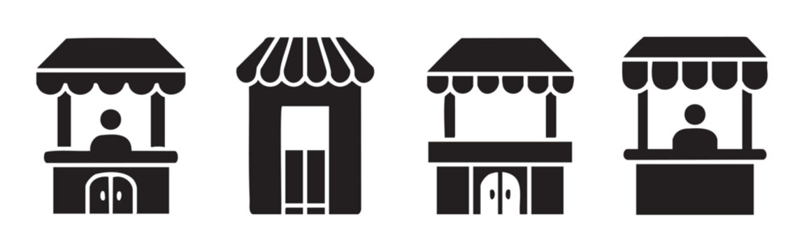 Four market stall icons representing various small business kiosks and vendor stands for retail, food, or event services in a simple black silhouette style.