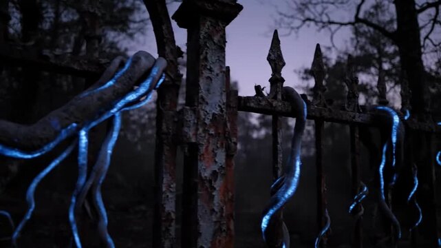 Mysterious glowing blue vines on old iron gate at dusk