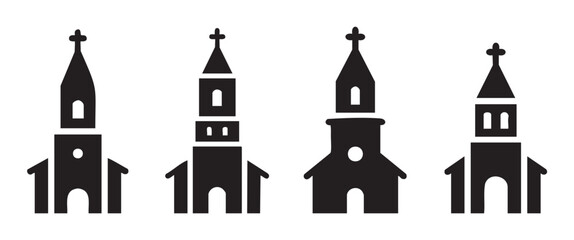 Four distinct church building icons featuring steeples and crosses, representing faith, community, and worship in a simple, modern graphic style.