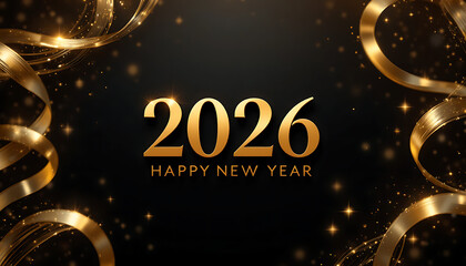 2026 Happy New Year Golden Typography on Dark Background