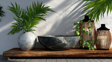 Serene digital detox space featuring natural items like stone bowl, decorative lanterns, and lush greenery creates calming atmosphere