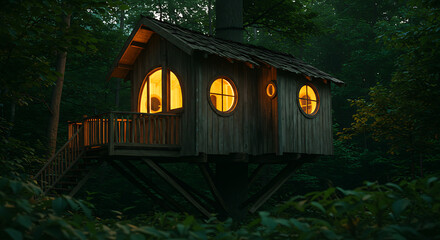 Cozy Treehouse Illuminated at Twilight in Lush Forest
