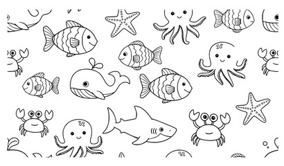 Cute sea animal doodle outline seamless pattern vector for coloring books and kids projects