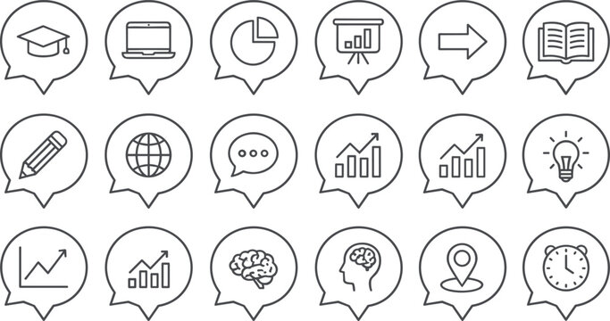 Education and Business Line Icon Set in Speech Bubble Frames Featuring Graduation Cap Laptop Infographic Charts Brain Ideas and Strategic Growth Symbols Vector