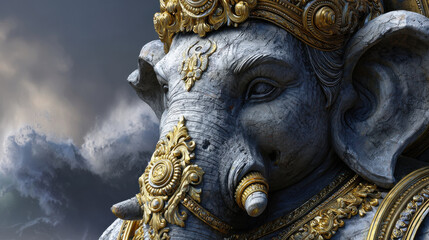 Obraz premium Majestic Ganesha statue stands tall with intricate golden details, embodying monsoon vibes and spiritual energy in dramatic sky