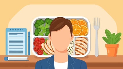 Portrait of a Person in a Bright Kitchen with Colorful Healthy Lunch Ingredients.