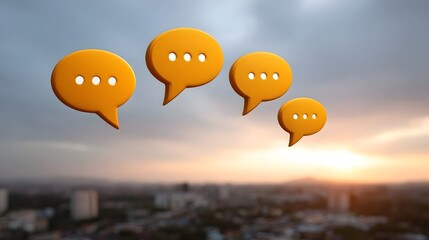 Stylized orange speech bubbles float above a blurred city skyline at sunrise symbolizing communication dialogue and shared ideas