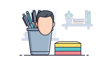 Illustration of a desk setup with pencil cup and stacked books.