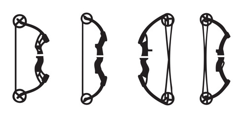 Four different compound bows are depicted as sleek black silhouette icons, representing the sport of archery and hunting equipment.