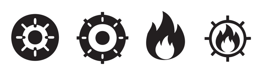 Obraz premium Black and white control, gear, and flame icons are presented in a simple, clean, and modern vector design, suitable for various digital and print applications.