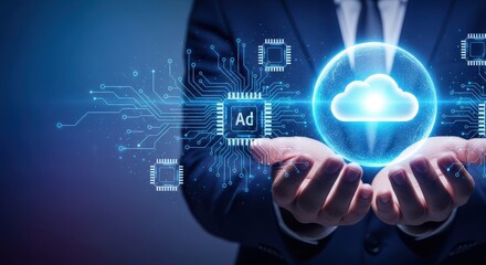 Hands holding glowing digital cloud with circuit board backdrop