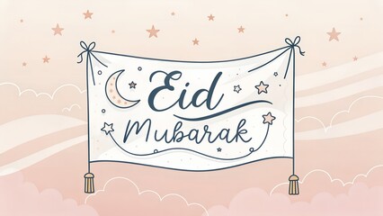 Eid Mubarak Festive Banner with Crescent Moon and Stars, Spiritual Celebration, Islamic Design, Sacred Night Theme, AI Generated