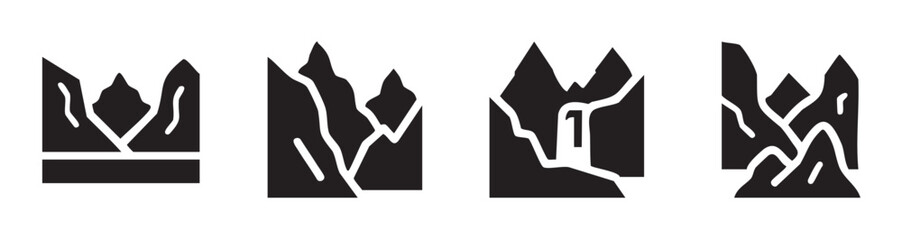 Obraz premium Mountain landscape icons collection features various natural terrain shapes and a waterfall, perfect for outdoor adventure designs.