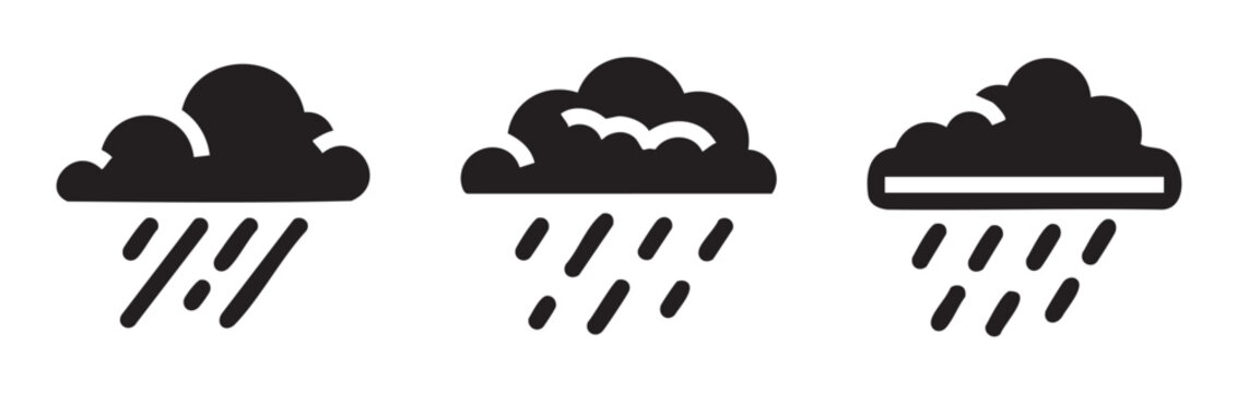 Rainy weather cloud icons set featuring various styles of dark clouds with falling raindrops, representing different types of precipitation and meteorological conditions.