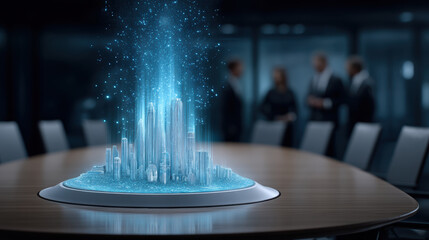 Futuristic hologram city display inspiring business professionals