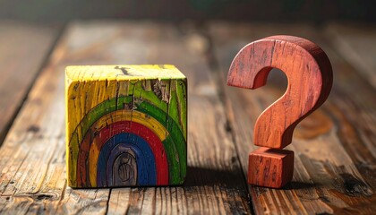 Wooden block with a rainbow design stands beside a large question mark. Both objects are on a rustic wooden surface