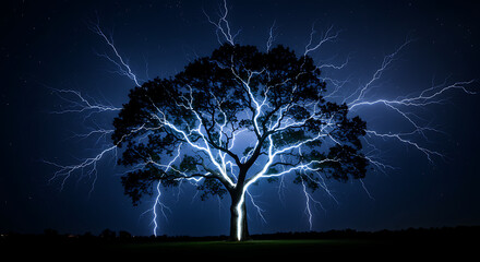 Lightning Strikes Behind Silhouette of a Tree at Night