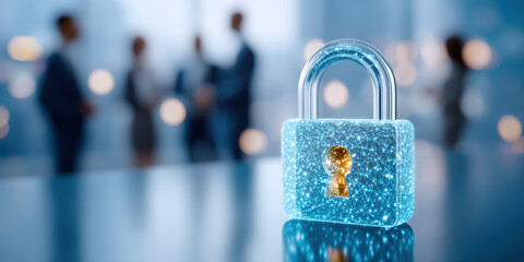 Digital blue padlock protects confident business professionals