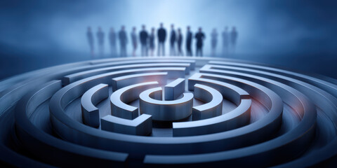 Serious business professionals facing complex strategy maze challenge