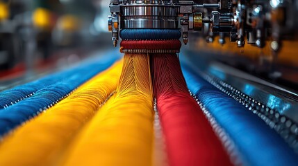 The heart of the textile industry, a factory hummed with activity, threads of cotton and yarn intertwining in a symphony of color, workers' hands deftly manipulating the machinery, creating 