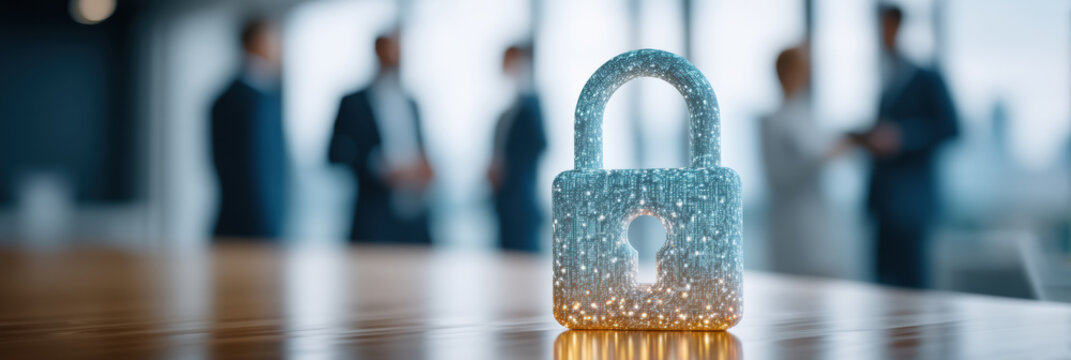 Secure digital lock stands before confident professionals focusing on business safety success - Powered by Adobe