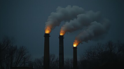 Three plumes of white smoke, billowing from towering industrial chimneys, pierced the overcast sky, painting a dramatic scene of human industry against the vast expanse of the atmosphere, a 